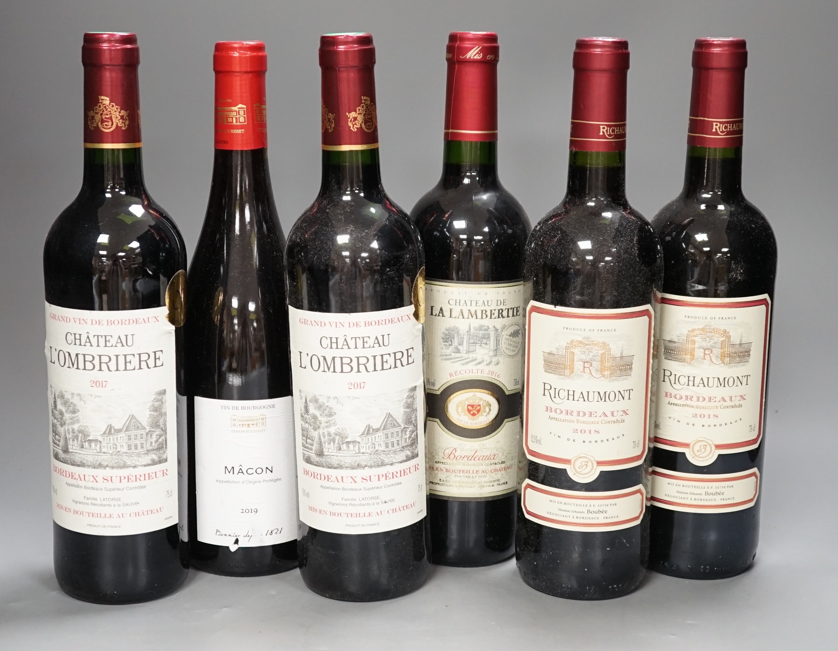 6 bottles of wine including 2 bottles of Chateau L’Ombriere 2017, 2 bottles of Richaumont Bordeaux 2018, 1 bottle of Chateau De La Lambertie 2016 and 1 bottle of Macon 2019